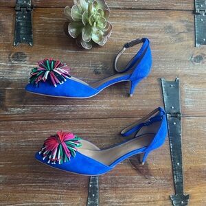 Women's Cobalt Blue Ankle-Strap Kitten Heels with Multicolor Pom Detail